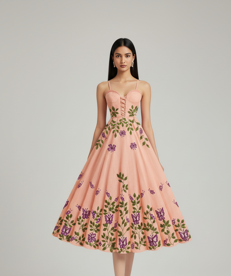 Embrace effortless femininity with this beautifully embroidered midi dress. Featuring a delicate vine and butterfly motif, this piece is cinched at the waist for a flattering silhouette and designed for comfortable, sun-kissed style.